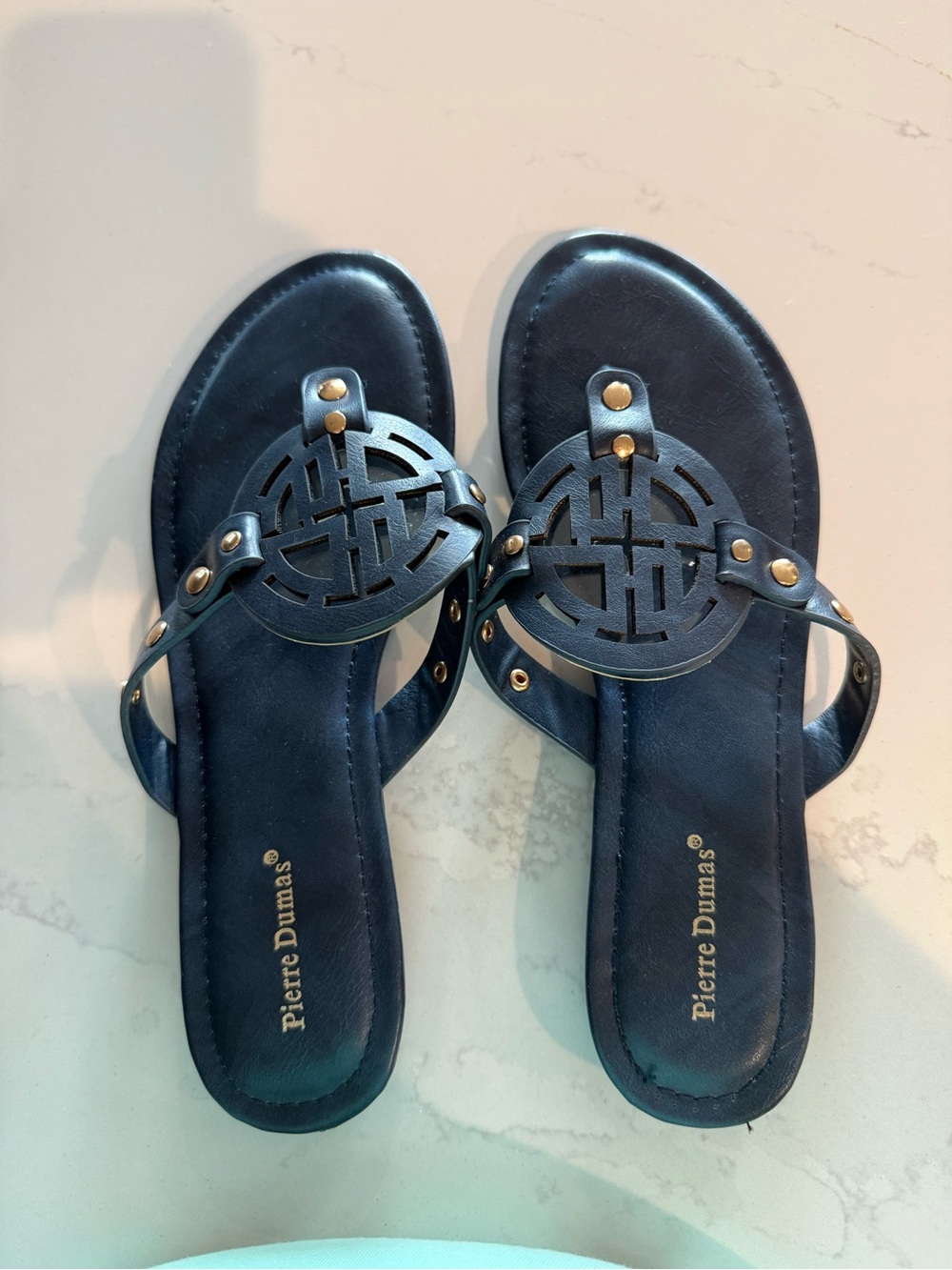 Pierre Dumas Navy Blue Cutout Medallion Thong Sandals